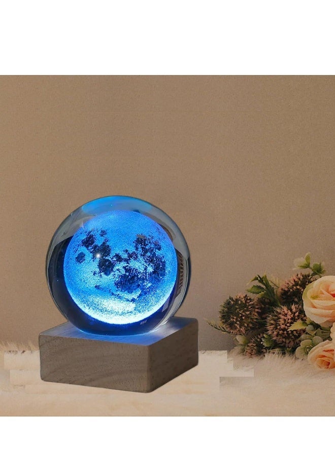 Crystal Ball Night Light Moon, 3.15 Inch Galaxy Glass Ball Lamp with Wooden Base, Space Gifts for Boys Girls Kids Unique Astronomy Universe Gifts